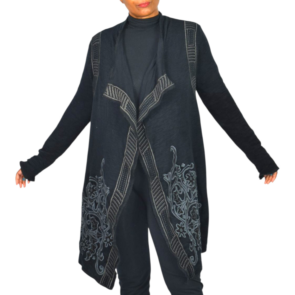 Paparazzi Biz Embroidered Asymmetric Cardigan Jacket Black Duster Cotton Medium